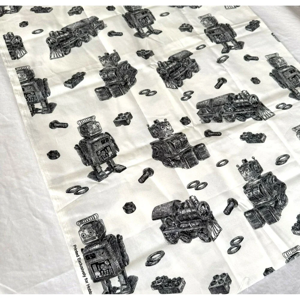 Robots Trains Bolts Black Off White Fabric Boys Cotton Quilt Fabric BTY